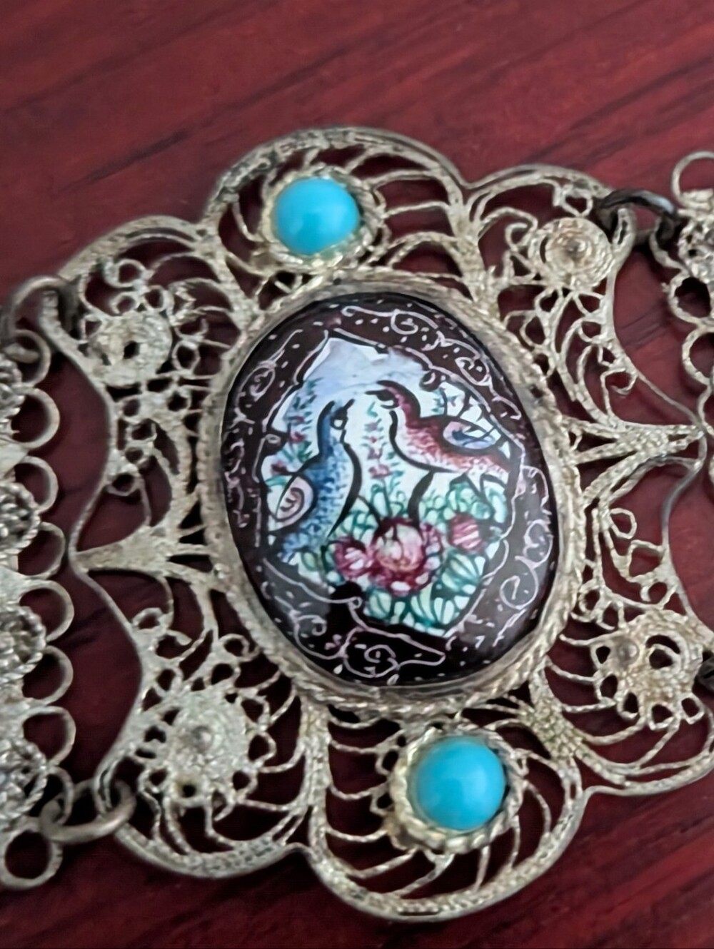 Vintage Persian/Iranian Filigree Bracelet Hand Painted Enamel Bird Deer Panels - Picture 4 of 9